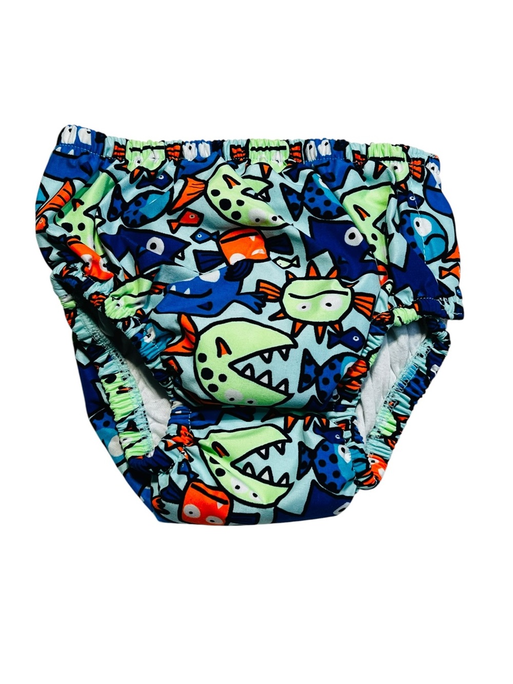 Colorful Toddler Swim Diaper with Fish Print Trim - Blue/Green/Orange Accents